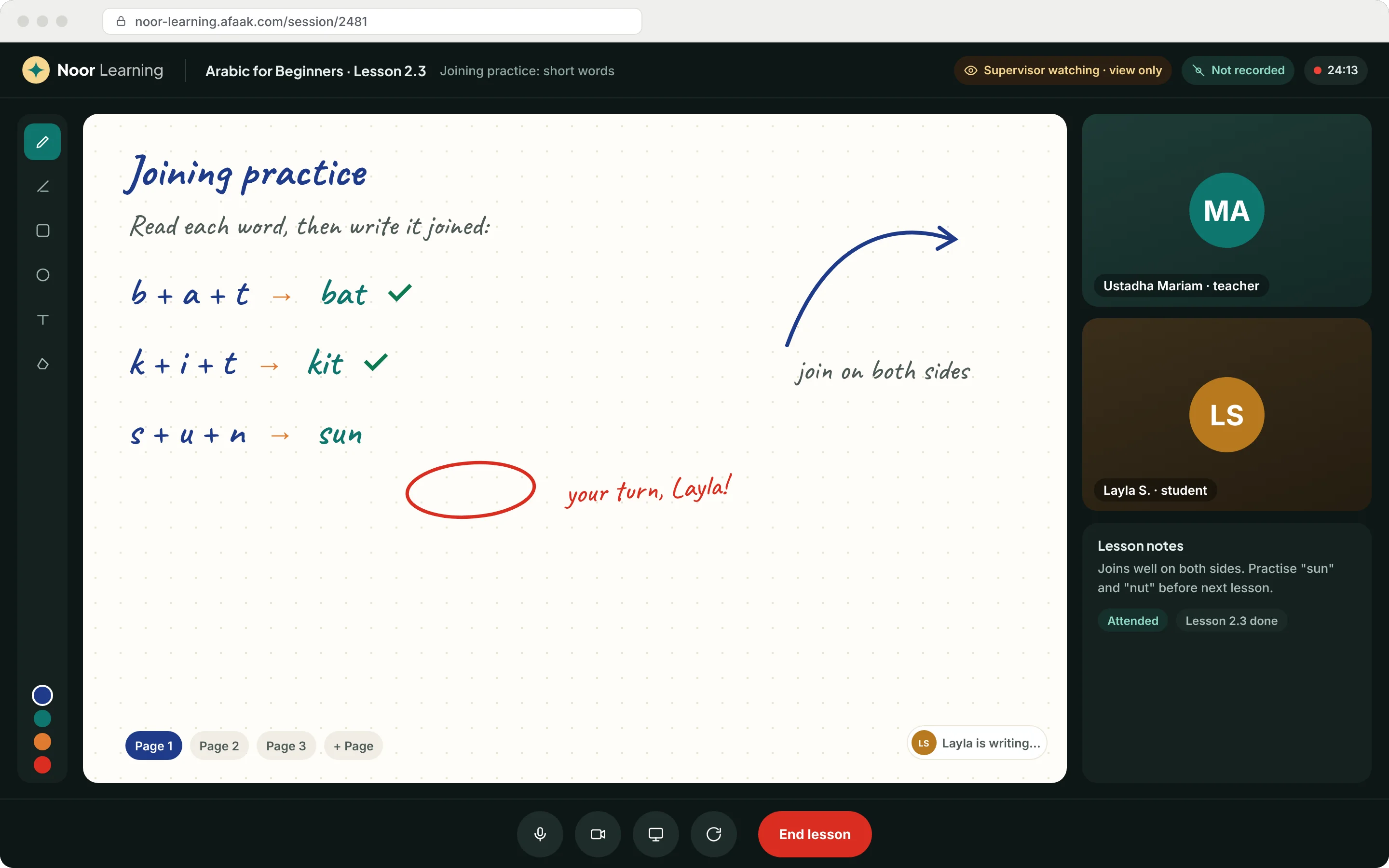 Mockup: a live 1:1 session with the shared whiteboard and the "supervisor watching" badge
